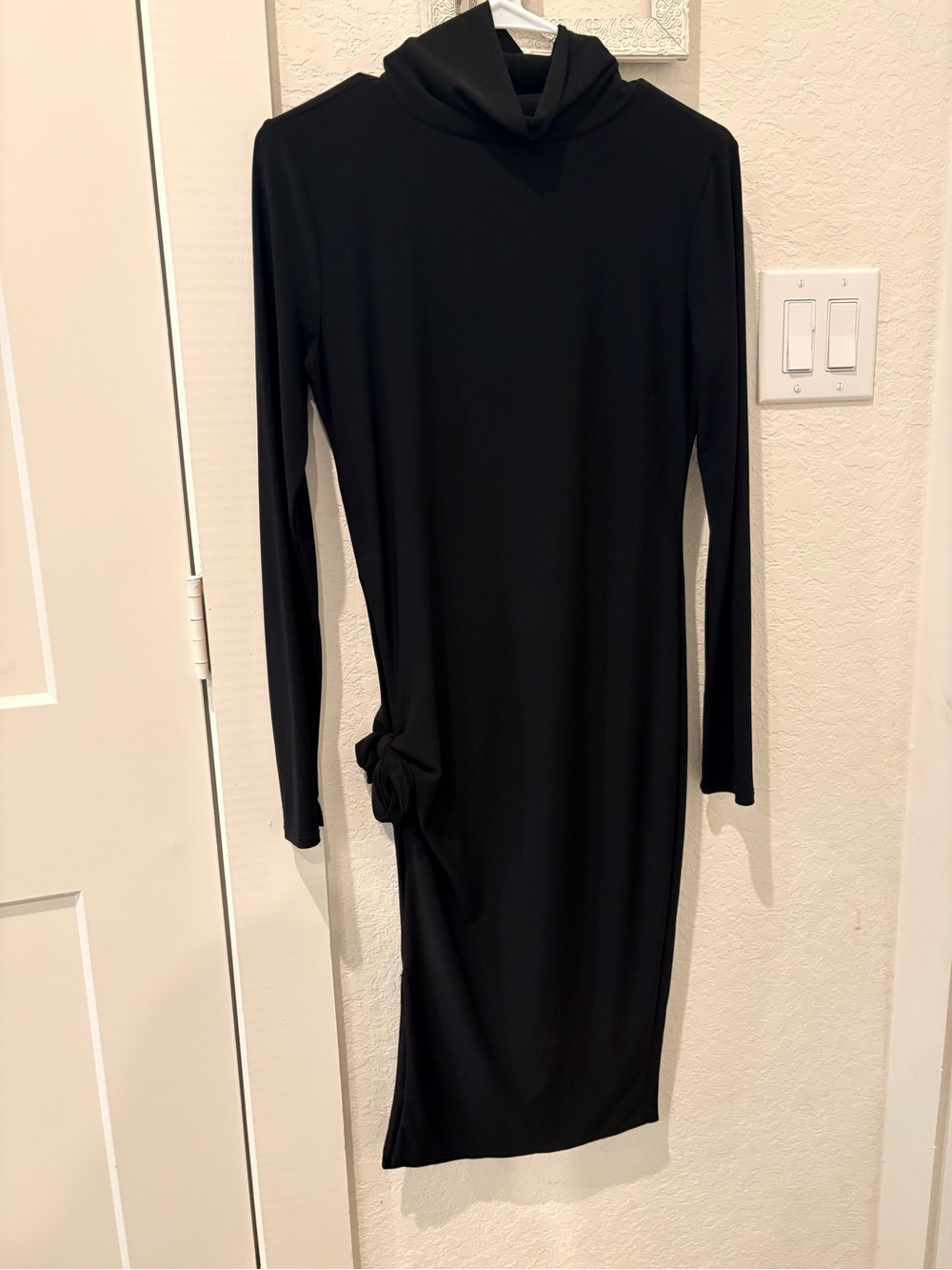 Long Sleeve Black Turtleneck Midi Dress with Side Knot